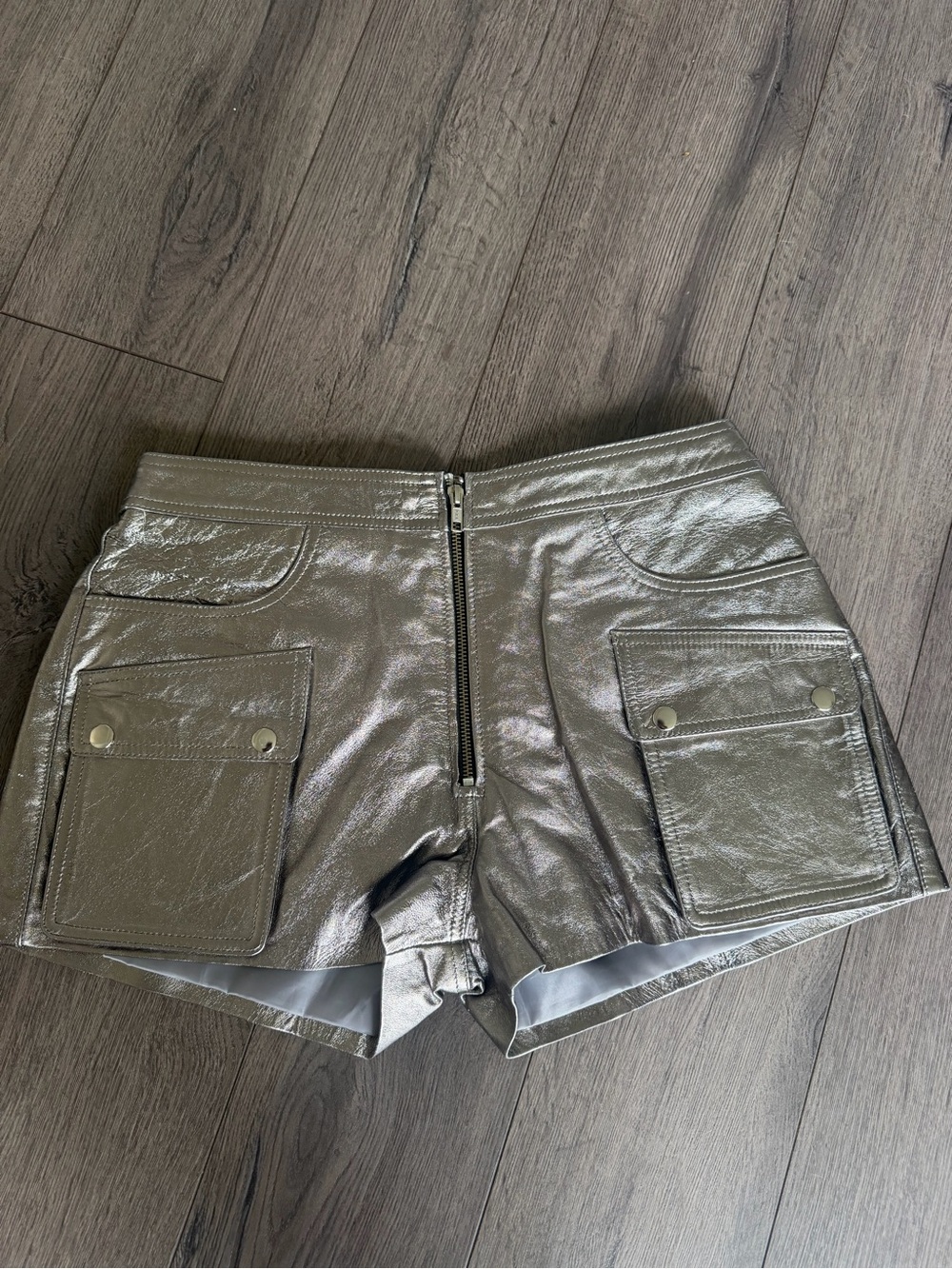 Metallic Silver Women's Bike Shorts with Front Zip and Cargo Pockets